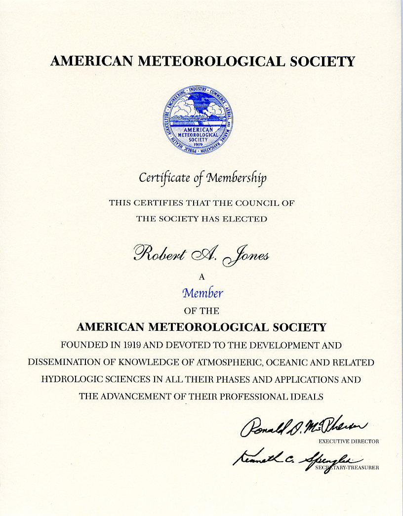 American Meteorological Society membership certificate for Meteorologist Rob Jones